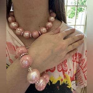 WINGS bead necklace & bracelet set: large faux pearls covered in pink lace CZ